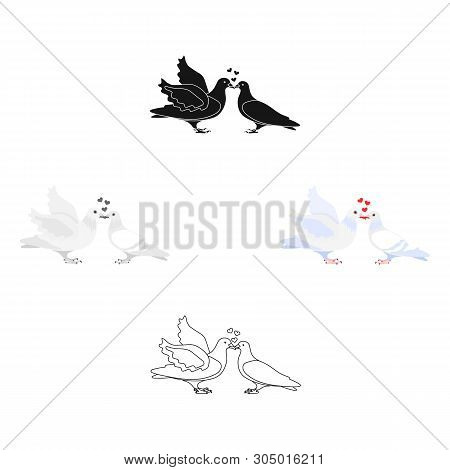 Two Funny Cartoon, Black Pigeons Illustration. White Doves With A Heart. A Symbol Of Love For The Br