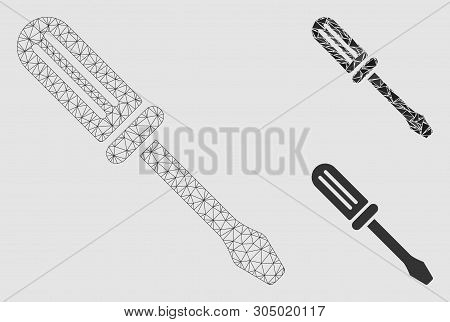 Mesh Contour Screwdriver Model With Triangle Mosaic Icon. Wire Carcass Triangular Mesh Of Contour Sc