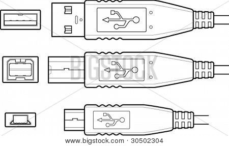 USB-connectorsor stekkers in verschillende maten lijntekeningen