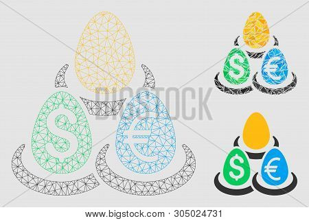 Mesh Currency Deposit Diversification Model With Triangle Mosaic Icon. Wire Frame Triangular Mesh Of