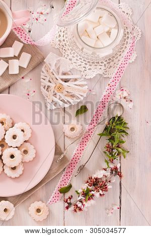 Canestrelli Biscuits With Icing Sugar On Wooden Table.