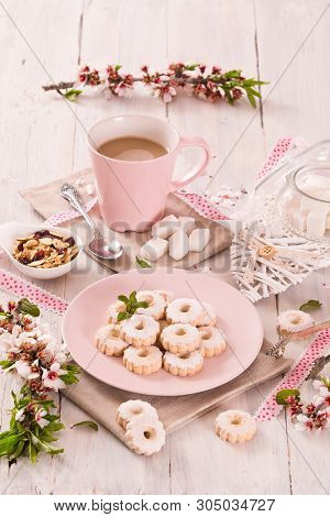 Canestrelli Biscuits With Icing Sugar On Wooden Table.