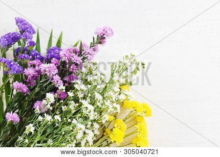 Bouquet Fresh Spring Colorful Flower With Yellow Mum , Marguerite Purple And White Cutter Flowers On