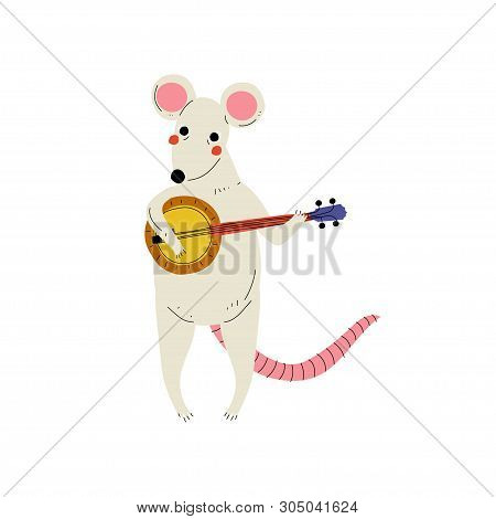 Mouse Playing Domra, Cute Cartoon Animal Musician Character Playing Musical Instrument Vector Illust