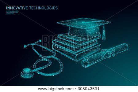 E-learning Distance Medicine Graduate Certificate Program Concept. Low Poly 3d Render Graduation Cap