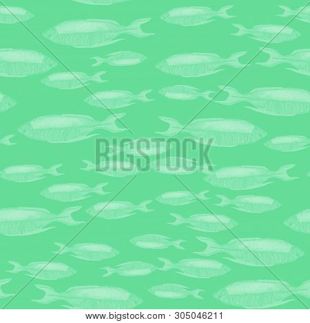 Hand drawn seamless pattern in watercolor sea world natural element. Fish in green monochrome