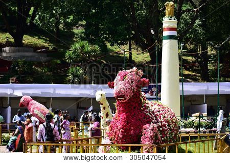 Kodaikanal, Tamilnadu, India - June 2, 2019: Nandi Statue Made With Flowers At The 58th Flower Show 