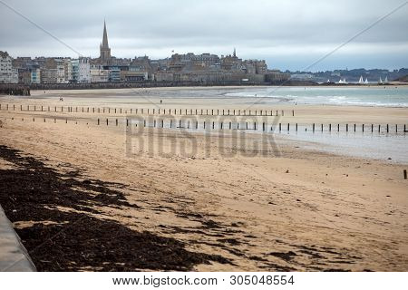 View Of Beach And Old Town Of Saint-malo. Brittany, France