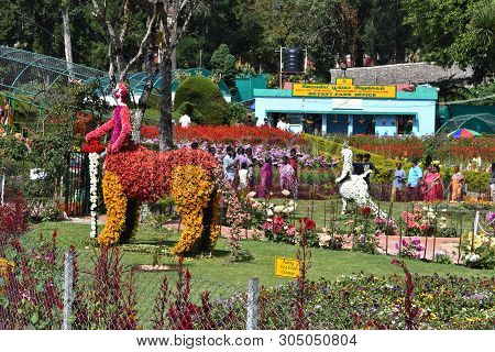 Kodaikanal, Tamilnadu, India - June 2, 2019: Statues Made With Flowers At The 58th Flower Show In Ko