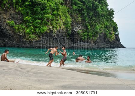 Bali, Indonesia - January 14, 2018: Kids Playing At Tropical Beach In Bali Near Chandidasa, Knowen A