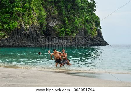 Bali, Indonesia - January 14, 2018: Kids Playing At Tropical Beach In Bali Near Chandidasa, Knowen A