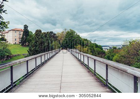 Wooden Bridge Over Park Parc Des Hauteurs In Lyon, France