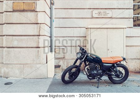 Lyon, France - May 7, 2019. A Vintage Motorcycle Parket In The Historical Center Of Lyon