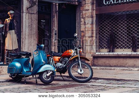 Lyon, France - May 9, 2019. A Vintage Motorcycle And Scooter Parket In The Historical Center Of Lyon