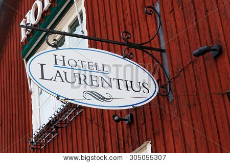 Strangnas, Sweden - June 5, 2019: Close Up Of The Hotel Laurentius Sign.