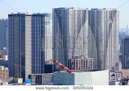 Massive Apartment Buildings - High Density Residential Architecture Of Kachidoki Area In Tokyo.