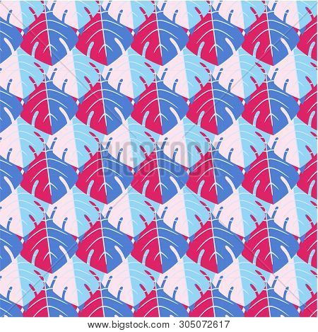 Bright Neon Summer Pattern With Tropical Leaves. Beautiful Monstera Leaves - Blue Neon Leaves And Pi