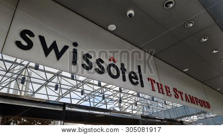 Singapore- 03 Jun, 2019: Modern Urban Architecture Of Swissotel In Downtown City With Text, Sign And