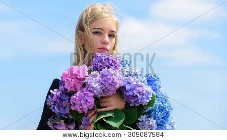 Enjoy Spring Without Allergy. Girl Tender Blonde Hold Hydrangea Bouquet. Allergy Free Life. Stop All