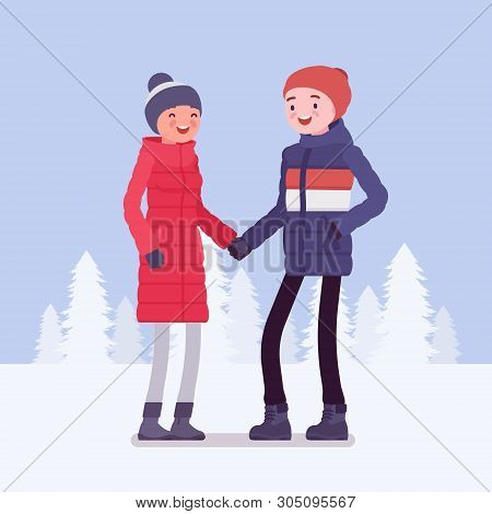 Happy Couple In Winter Clothes. Young Man And Woman Wearing Warm Outfit For Coldest Season, City Fas