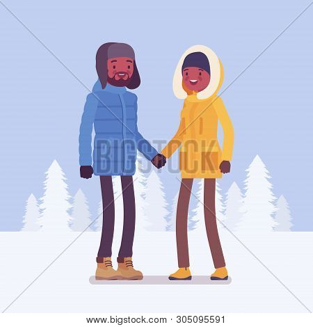 Happy Black Couple In Winter Clothes. Young Man, Woman Wearing Warm Outfit For Coldest Season, City 