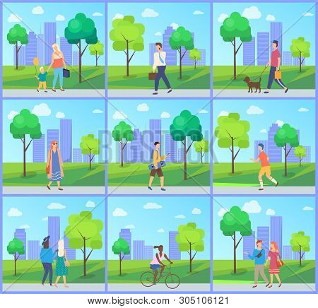 People Walking In City Park, Man And Woman Going Outdoor, Family Leisure And Sporty Activity, Male A