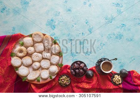 Arabic Cookies Maamoul. Ramadan Sweets Background. Top View.