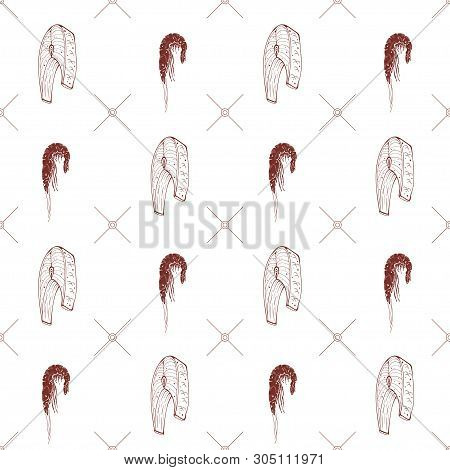 Seamless Pattern With Shrimps And Fish Steaks On A White Background. Vector Illustration