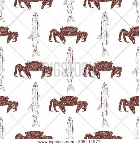 Seamless Pattern With Crabs And Fish On A White Background. Vector Illustration