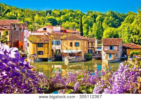 Mincio River And Idyllic Village Of Borghetto View, Veneto Region Of Italy