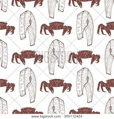 Seamless Pattern With Crabs And Fish Steaks On A White Background. Vector Illustration