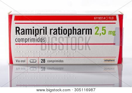 A Box Of Ramipril Tablets From The Ratiopharm Company Isolated On White. Photo Taken In Madrid, Spai