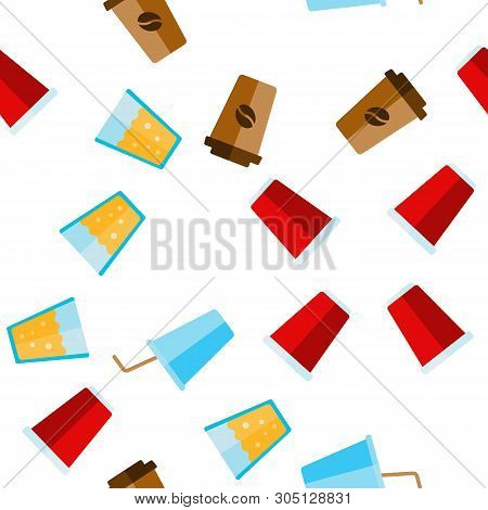Disposable Plastic Cup Linear Vector Icons Seamless Pattern. Coffee To Go Cup Thin Line Contour Symb