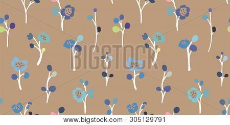Brown Vector Repeat Pattern With Small Hand Drawn Doodle Florals. Perfect For Paper And Textile Proj