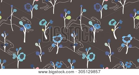 Brown Vector Repeat Pattern With Small Hand Drawn Doodle Florals And White Rabbit. Perfect For Paper