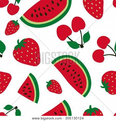 Watermelon, Cherry And Strawberry Seamless Pattern. Red Berry. Sweet Fruits. Fashion Design. Food Pr