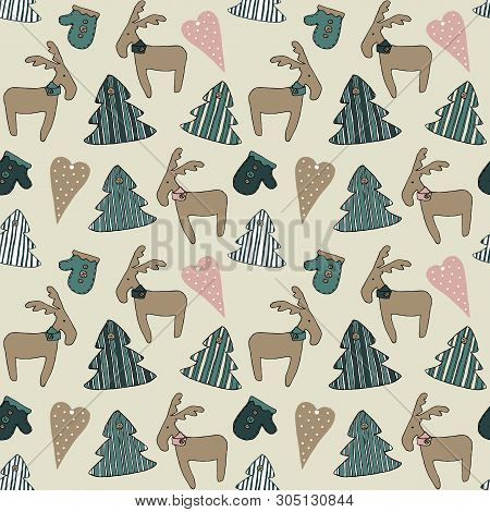 Happy New Year And Merry Christmas . Christmas Season Hand Drawn Seamless Pattern.
