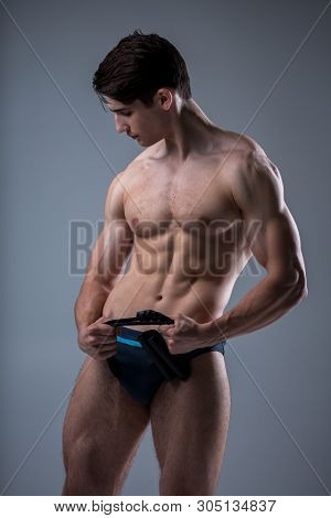 Muscular Fitness Young Male Antique Perfect Muscles Six Packs Of Abs And Bare Chest. Bodybuilder Mod