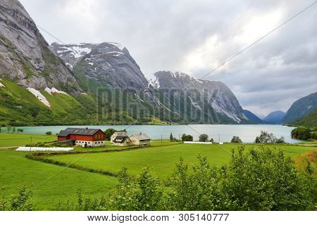 Kjosnesfjord On Jolstravatnet Lake, Norway. Landscape Of Norway.