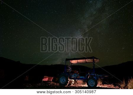 Landscape With Milky Way And Star At Night In Countryside With Tractor Farmer Local Thailand Mountau