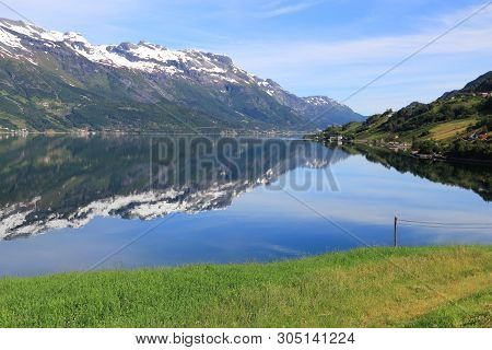 Summer Morning With Norway Fiord Landscape - Part Of Hardanger Fjord Called Sorfjord. Morning View.