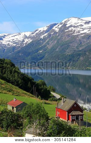 Ullensvang Village. Norway Fiord Landscape - Part Of Hardanger Fjord Called Sorfjord. Morning View.