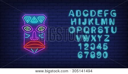 Tribal Mask Neon Sign. Tiki Idol, Ancient Culture Design. Night Bright Neon Sign, Colorful Billboard
