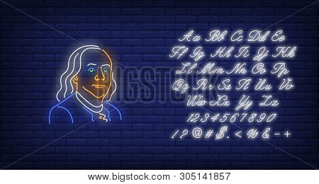 Benjamin Franklin Silhouette Neon Sign. Usa President, Hundred Dollar Bill, Declaration Of Independe