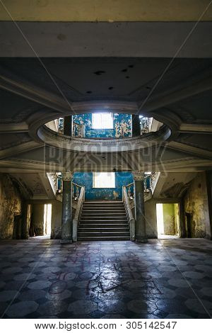 Tskaltubo, Georgia - April 27, 2019: Detail Of The Abandoned Soviet Sanatorium Iveria In Tskaltubo, 