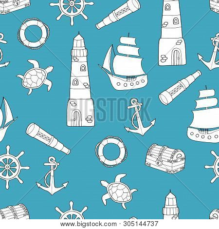 Doodle Seamless Pattern On Marine Theme: Ship, Lighthouse, Lifeline, Anchor, Steering Wheel, Telesco