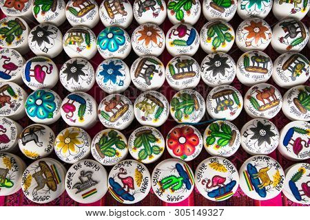 Uyuni, Bolivia-Dec 31, 2018: Traditional handcrafts souvenirs on the market in main street of Uyuni,  Bolivia.