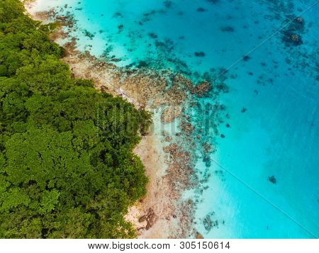 Drone view Champagne Beach, Vanuatu, Espiritu Santo island, near Luganville,  South Pacific