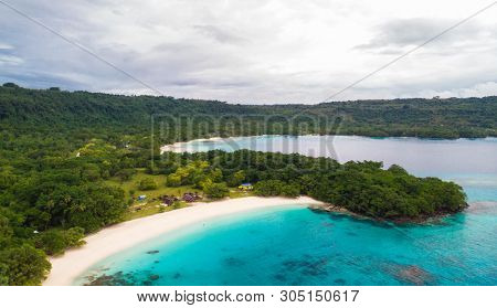 Drone view Champagne Beach, Vanuatu, Espiritu Santo island, near Luganville,  South Pacific