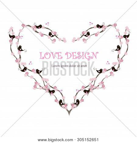 Heart Shape Loving Design Lorem Ipsum Background. Painting Pink And Black Loving Birds, Blooming Bra